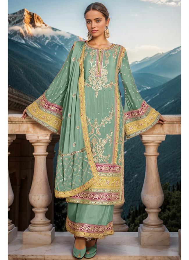 Heavy Silk Chinnon Green Festival Wear Embroidery Work Pakistani Suit